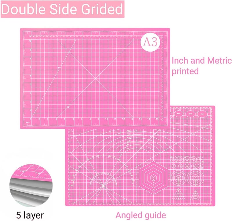 AMASEWART 45mm Rotary Cutter and Mat Set, Fabric Cutter Wheel and 12x18 Inch Self Healing Sewing Cutting Mat, Fabric Rotary Cutter with 5pcs Rotary Blades for Quilting Patchworking Crafts, Pink - Image 2